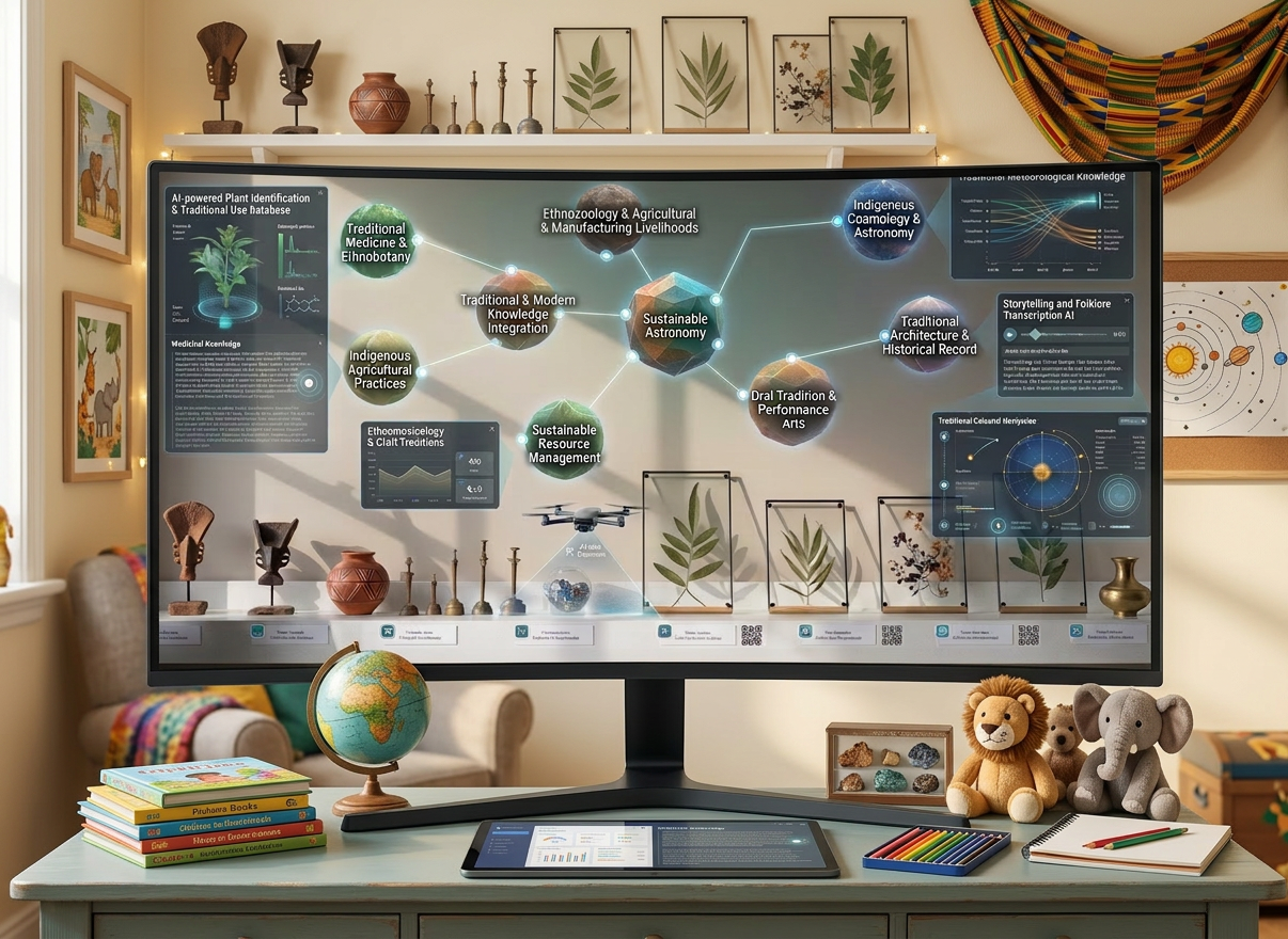 An elegant resource display dedicated to Indigenous African Knowledge Systems in a contemporary Johannesburg classroom, free of human presence. A long, white floating shelf holds carefully arranged artefact replicas, ethically-sourced natural materials like smooth river stones and pressed medicinal plants in glass frames, and professionally printed cards explaining each item in neutral typography. Behind, a muted sand-coloured wall features a large, clean infographic connecting IKS concepts to modern science and sustainability. Soft, indirect daylight from the side creates gentle gradients across the wall and precise shadows beneath each object. Photographic realism with a clean, gallery-like composition, shot straight-on with symmetrical balance and sharp focus, creating a calm, respectful, and scholarly atmosphere that foregrounds cultural knowledge within a structured educational context.